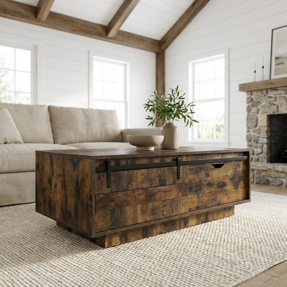 Rustic Oak Wooden Rectangular Coffee Table with Metal Legs and Storage Shelf