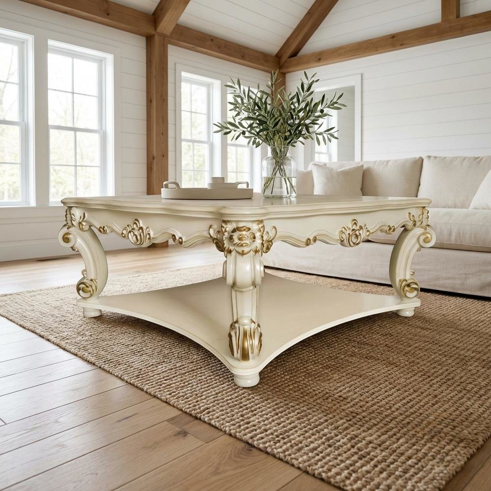 Grey Wooden Square Coffee Table with Scrolled Legs and Durable Construction