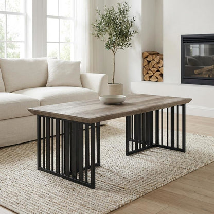 Antique Oak and Black Coffee Table with Industrial Style Metal Frame and MDF Top