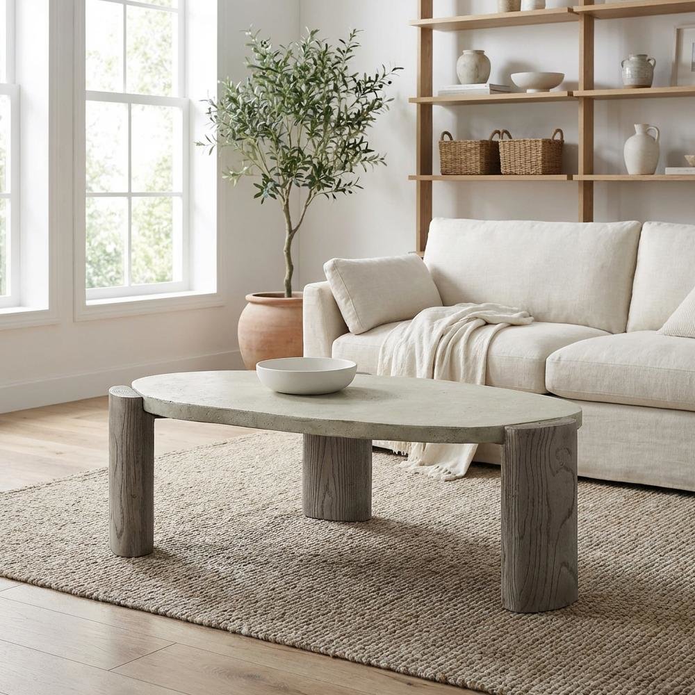 Weathered Gray Cement Coffee Table with Oak Base and Durable Construction