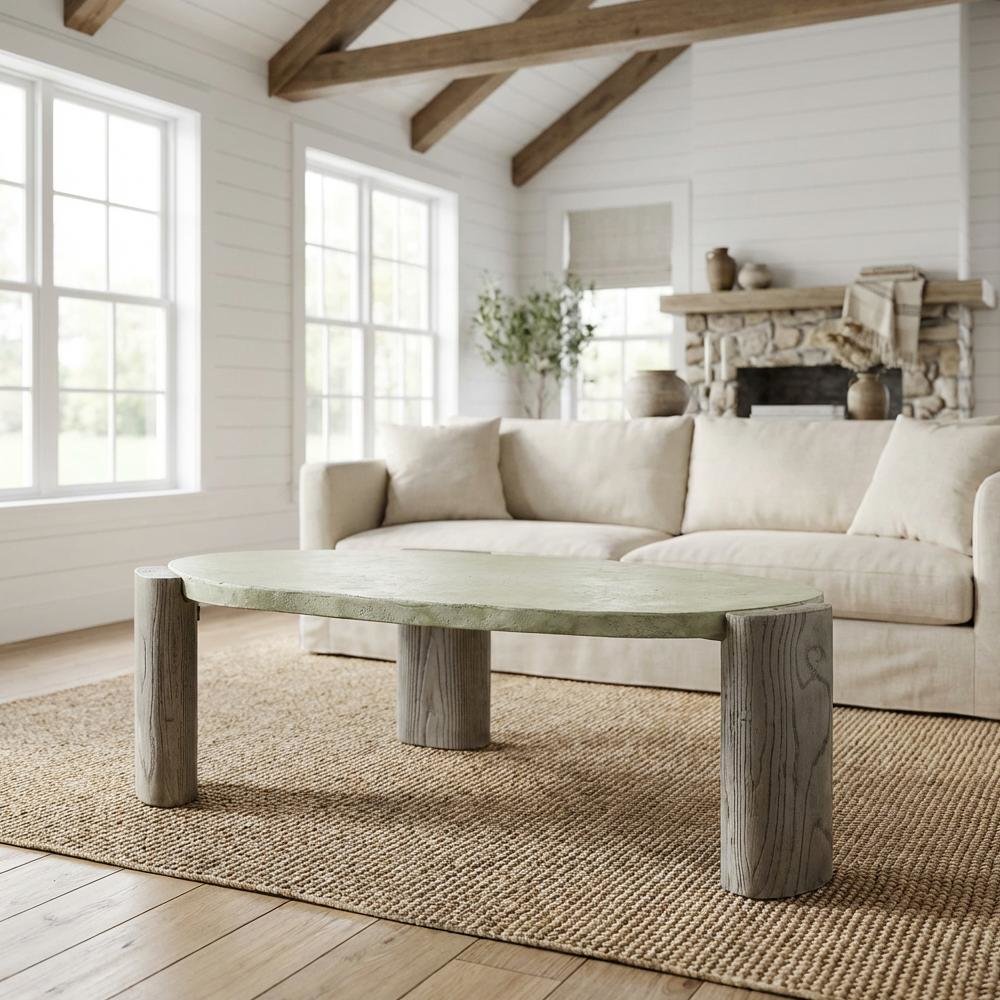 Weathered Gray Cement Coffee Table with Oak Base and Durable Construction