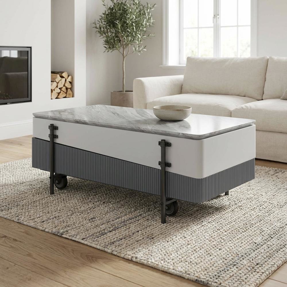 White and Gray High Gloss Coffee Table with Lift Top and Storage Space