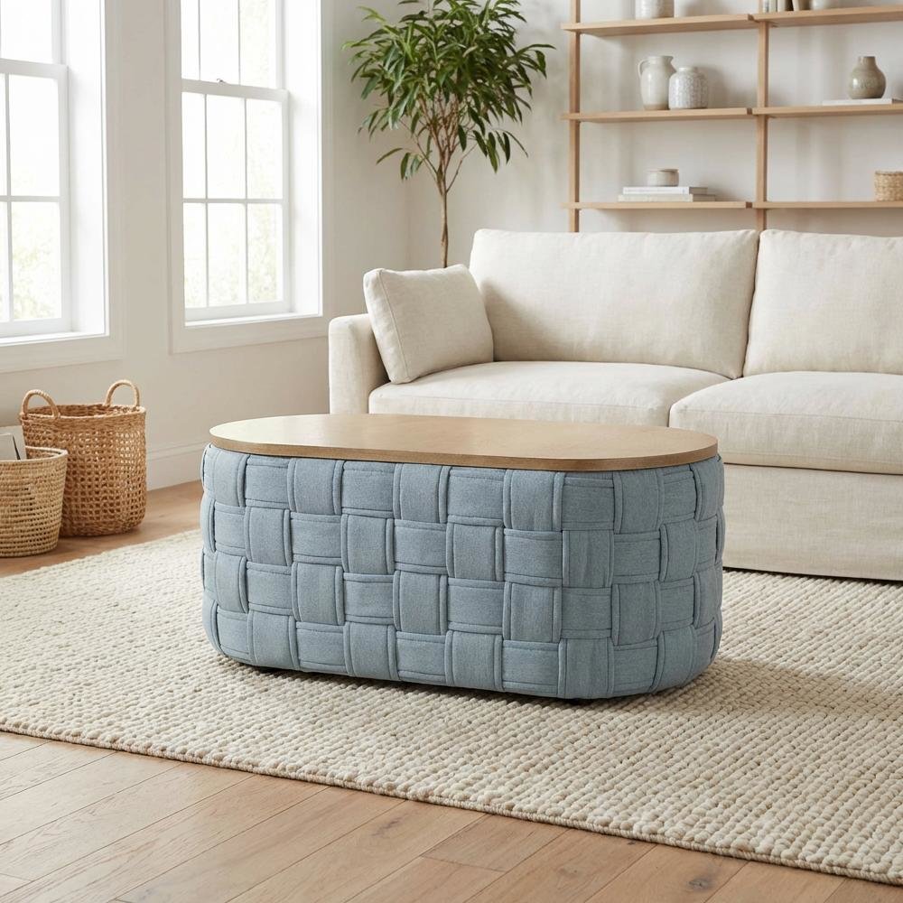 Light Teal Chenille Coffee Table with Soft Upholstery and Sturdy Frame
