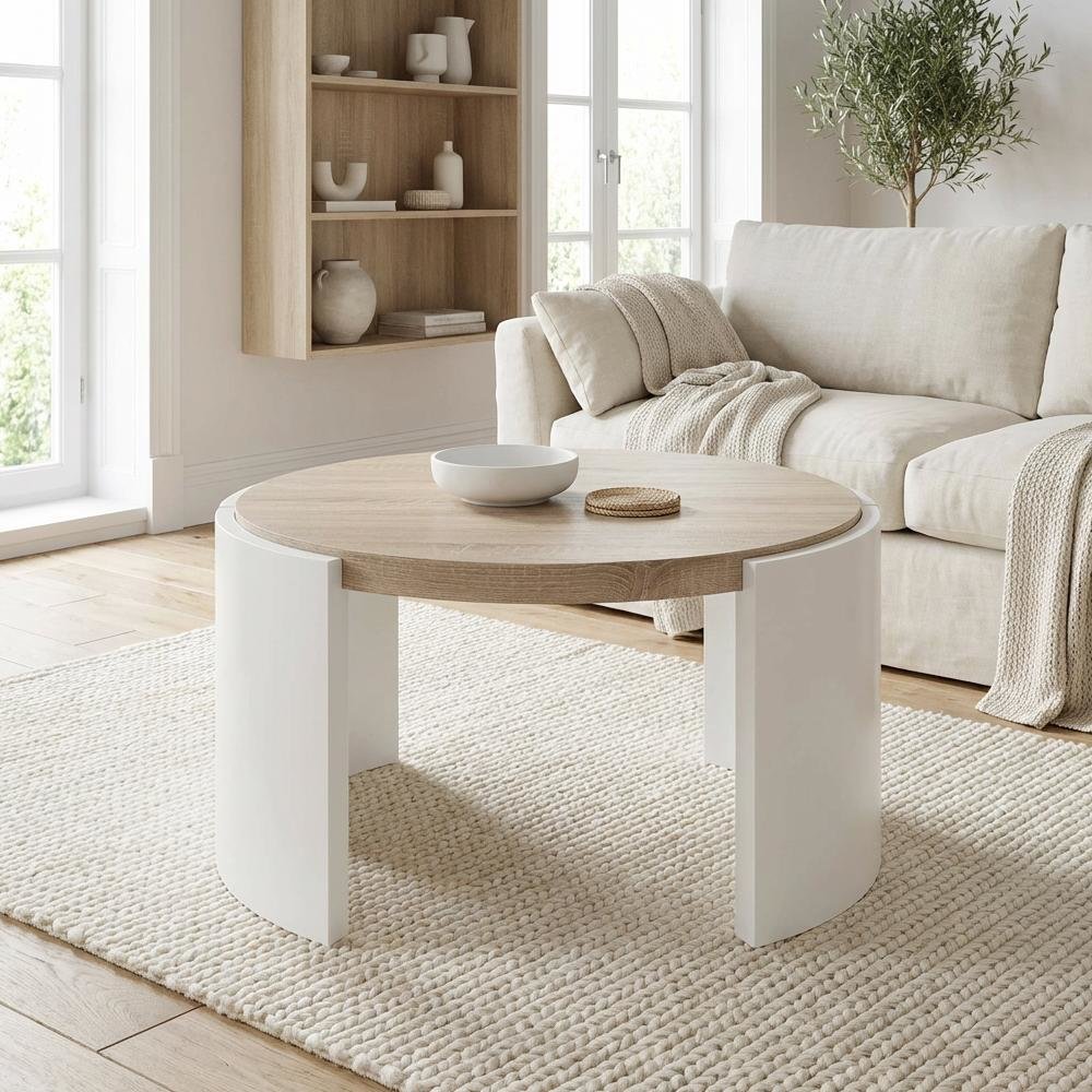 White High Gloss Coffee Table with Oak Finish and Durable Design