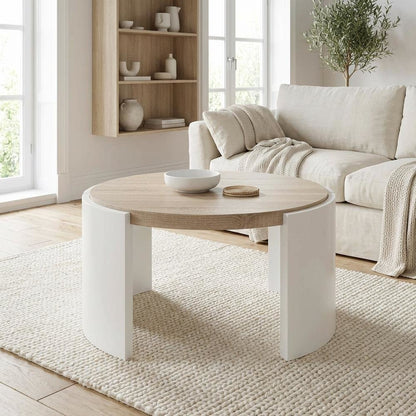 White High Gloss Coffee Table with Oak Finish and Durable Design
