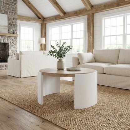 White High Gloss Coffee Table with Oak Finish and Durable Design