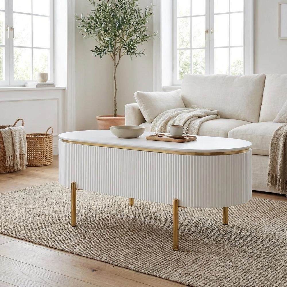 White High Gloss Coffee Table with Gold Finish and Single Piece Design