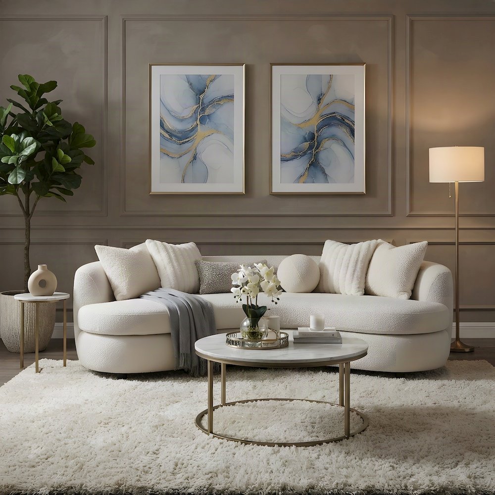 Boucle-Upholstered Curved Sofa and Modern Couch with 6 Pillows, Beige Boucle