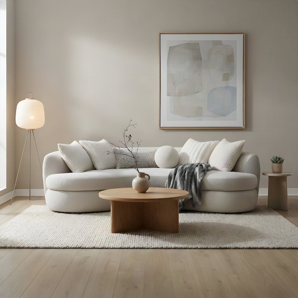Boucle-Upholstered Curved Sofa and Modern Couch with 6 Pillows, Beige Boucle