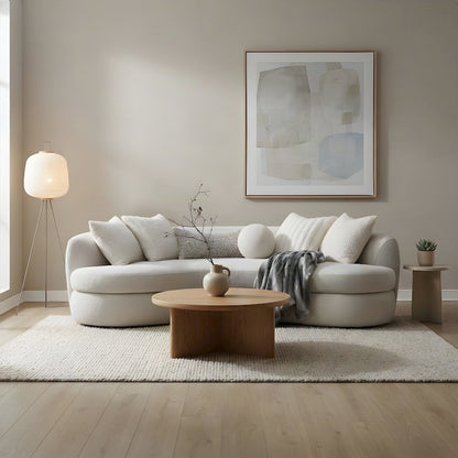 Boucle-Upholstered Curved Sofa and Modern Couch with 6 Pillows, Beige Boucle
