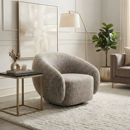 Boucle Upholstered Swivel Accent Chair, Comfy Reading Armchair, Brown Boucle