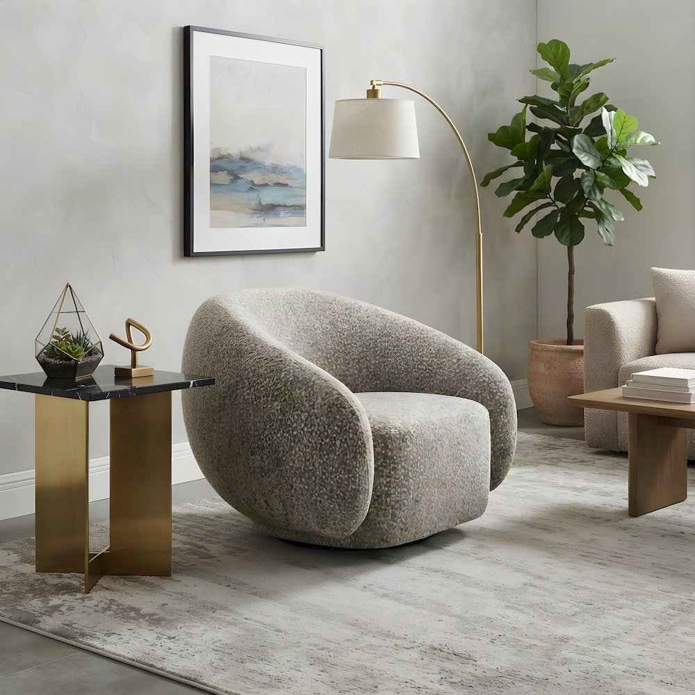 Boucle Upholstered Swivel Accent Chair, Comfy Reading Armchair, Brown Boucle