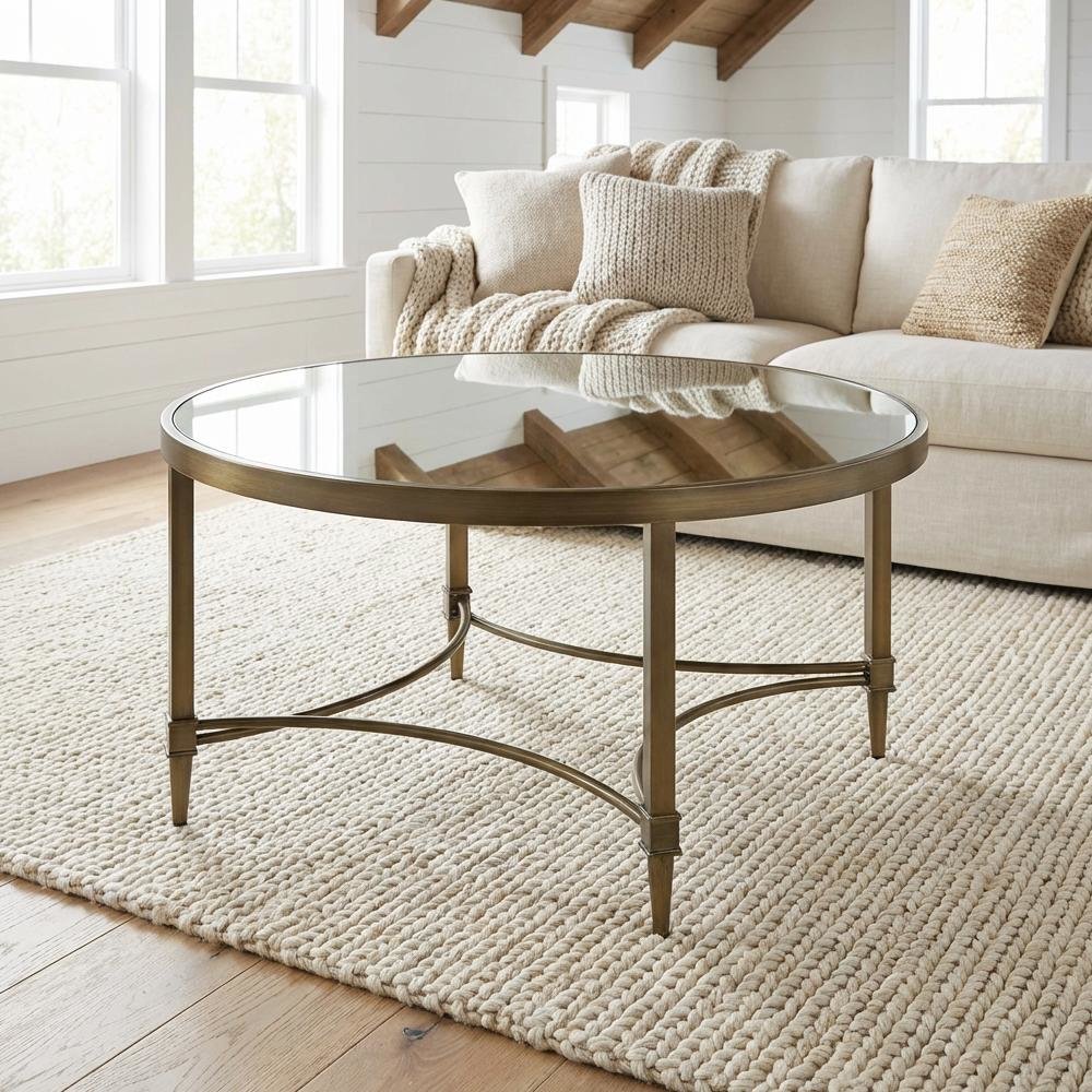 Mirrored Coffee Table with Antique Brass Finish and Sleek Design