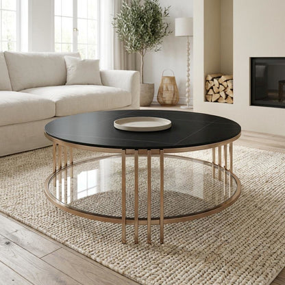 Coffee Table, Champagne Finish and Durable Sintered Stone Top Solid Construction