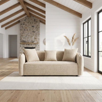 Chenille-Upholstered Contemporary Sofa with Accent Pillows, Beige