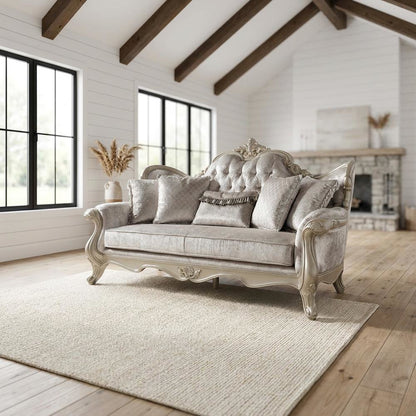 Fabric Sofa with Accent Pillows, Transitional Couch, Beige Fabric & Champagne