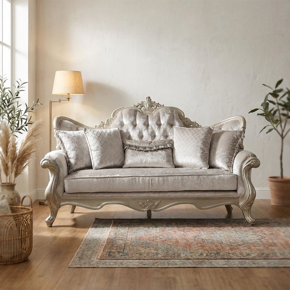 Fabric Sofa with Accent Pillows, Transitional Couch, Beige Fabric & Champagne