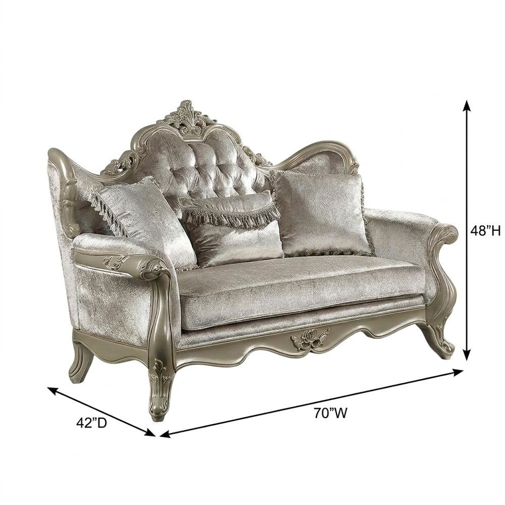 Fabric Small Loveseat Sofa with Throw Pillows, Beige Fabric & Champagne