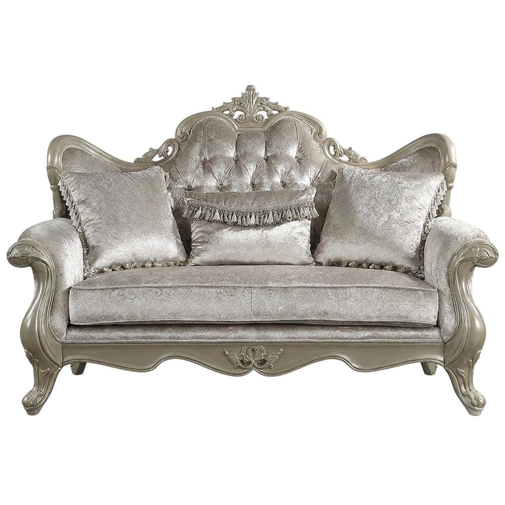 Fabric Small Loveseat Sofa with Throw Pillows, Beige Fabric & Champagne