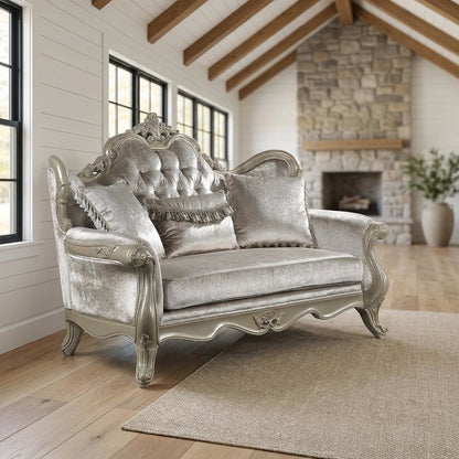 Fabric Small Loveseat Sofa with Throw Pillows, Beige Fabric & Champagne