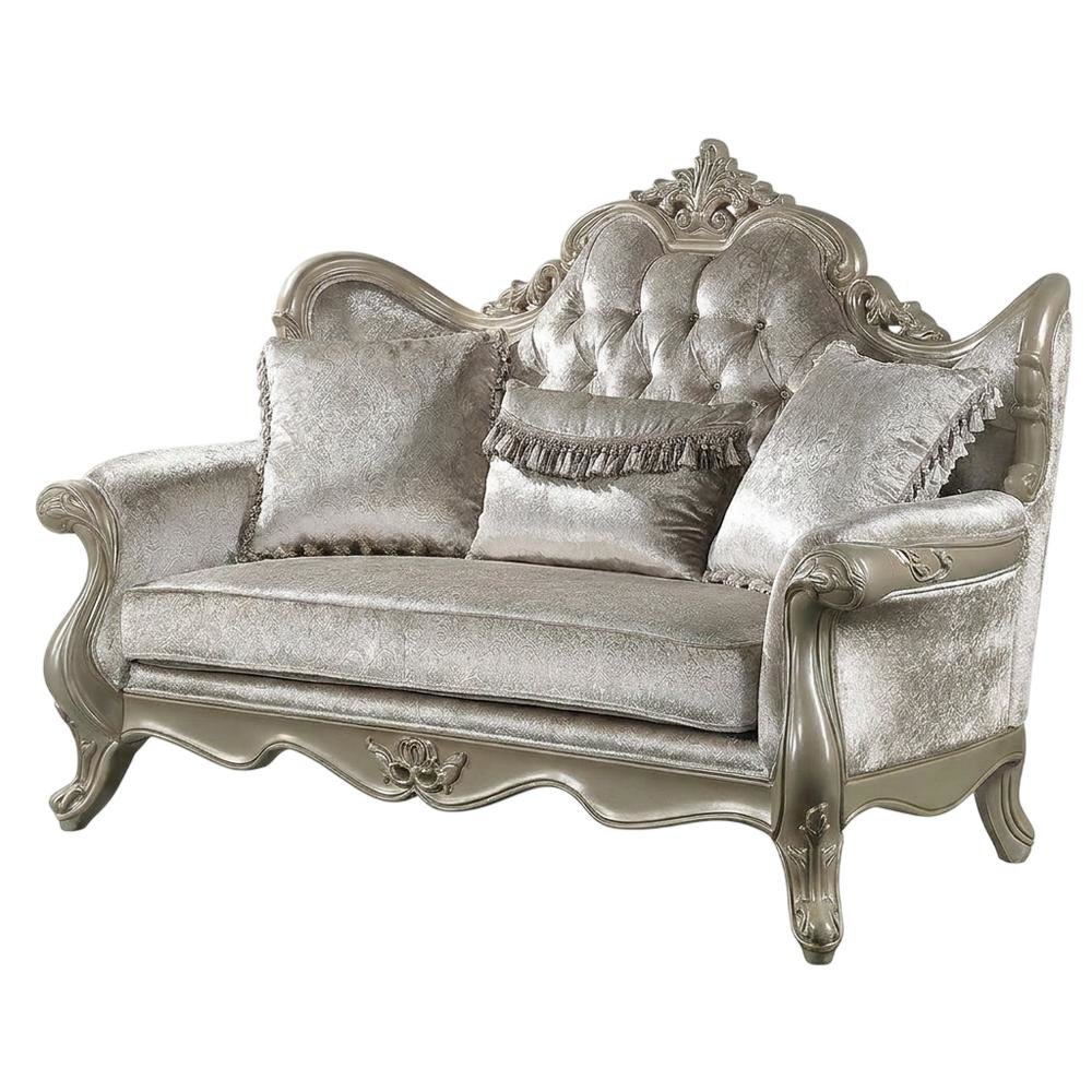 Fabric Small Loveseat Sofa with Throw Pillows, Beige Fabric & Champagne