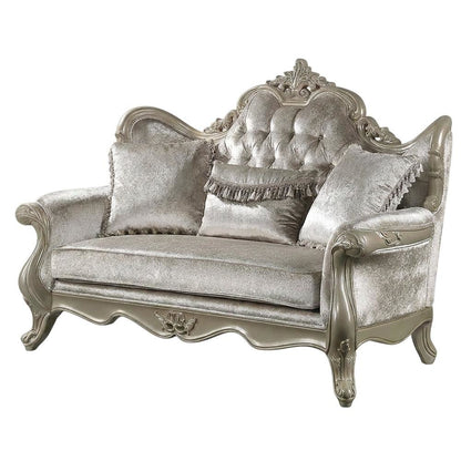 Fabric Small Loveseat Sofa with Throw Pillows, Beige Fabric & Champagne