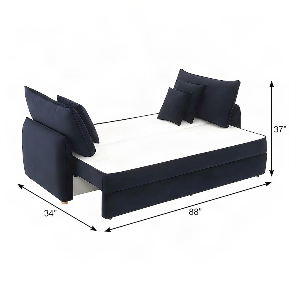 Velvet Convertible Sleeper Sofa with Pull Out Couch Bed, 3 Pillows, Blue Velvet