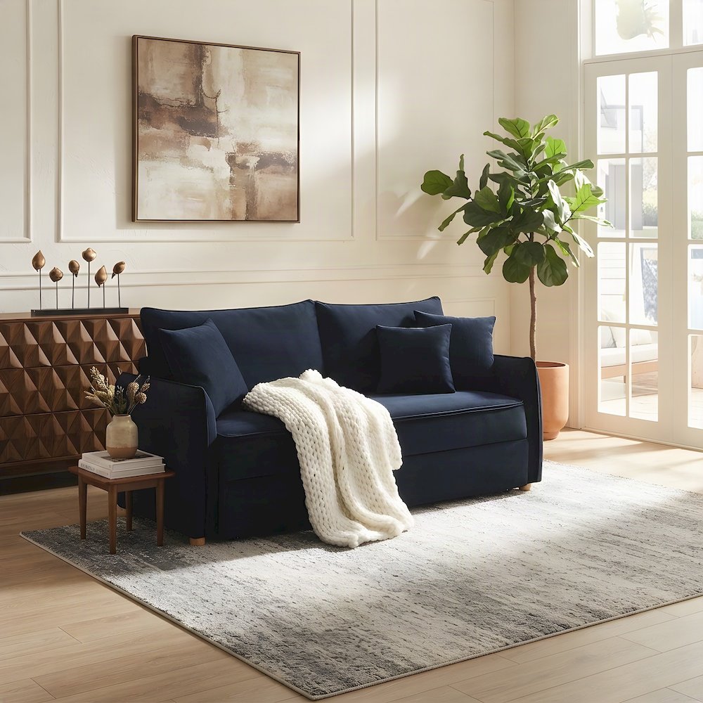 Velvet Convertible Sleeper Sofa with Pull Out Couch Bed, 3 Pillows, Blue Velvet