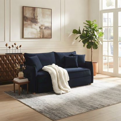 Velvet Convertible Sleeper Sofa with Pull Out Couch Bed, 3 Pillows, Blue Velvet