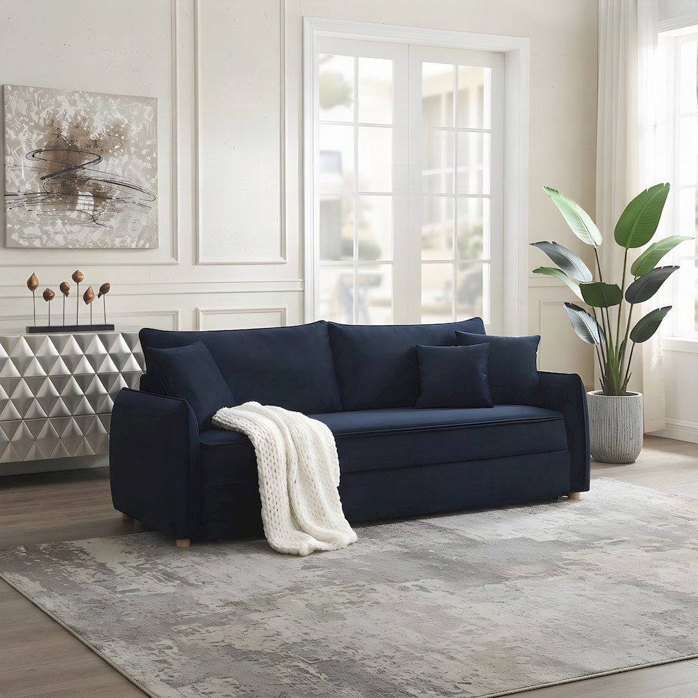 Velvet Convertible Sleeper Sofa with Pull Out Couch Bed, 3 Pillows, Blue Velvet