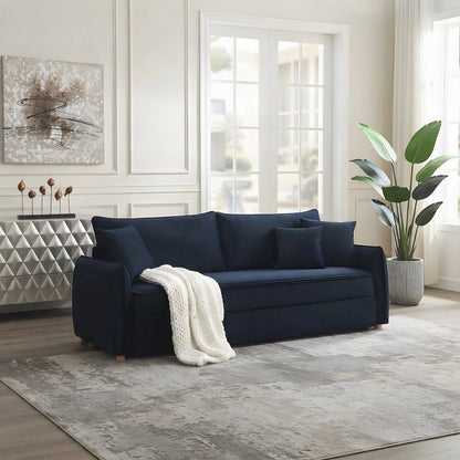 Velvet Convertible Sleeper Sofa with Pull Out Couch Bed, 3 Pillows, Blue Velvet