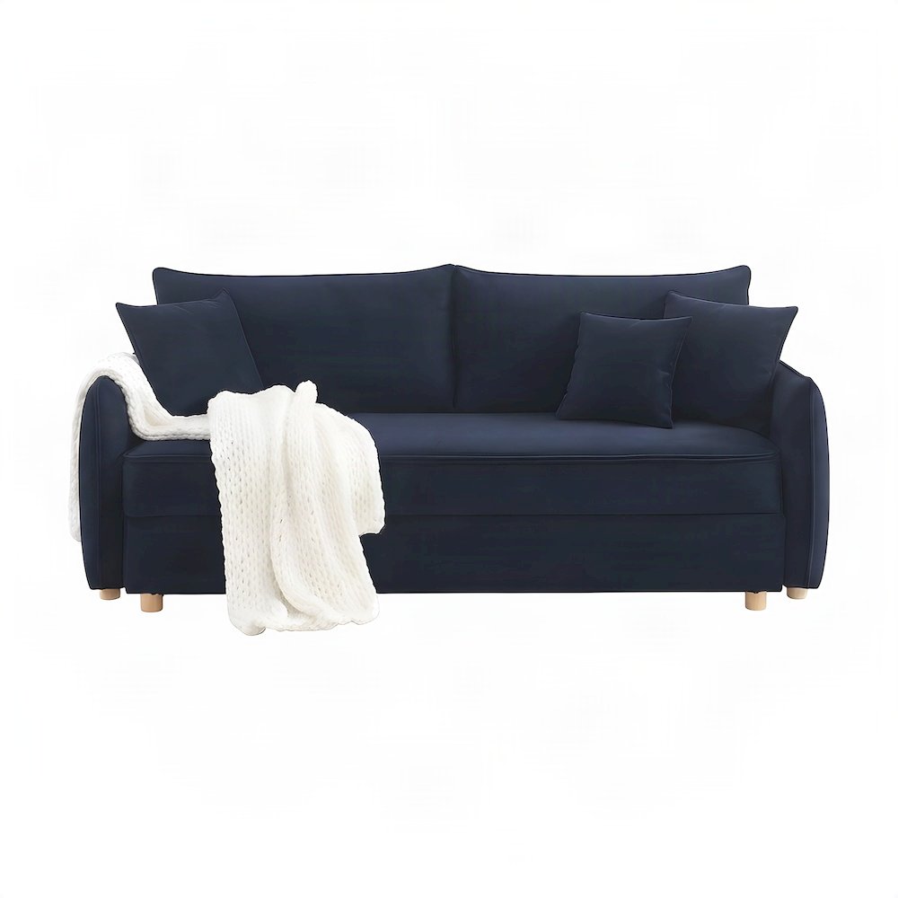 Velvet Convertible Sleeper Sofa with Pull Out Couch Bed, 3 Pillows, Blue Velvet