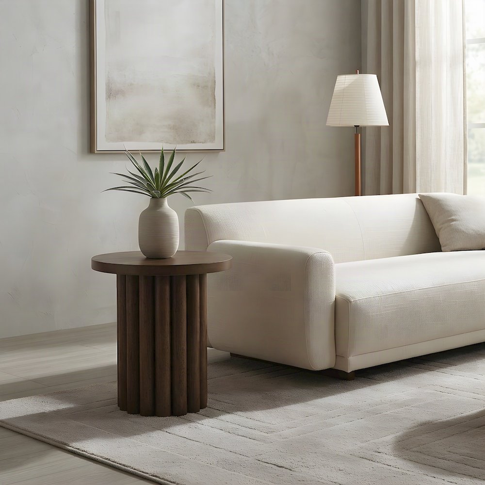 Wood Veneer End Table with Solid-Pattern Surface, Small Side Table, Walnut