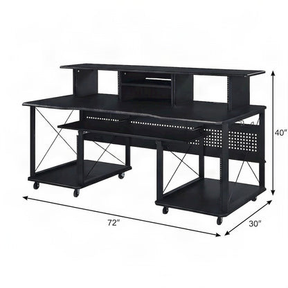 Metal and Wood Veneer Music Studio Desk, Industrial Workstation, Black