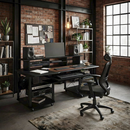 Metal and Wood Veneer Music Studio Desk, Industrial Workstation, Black
