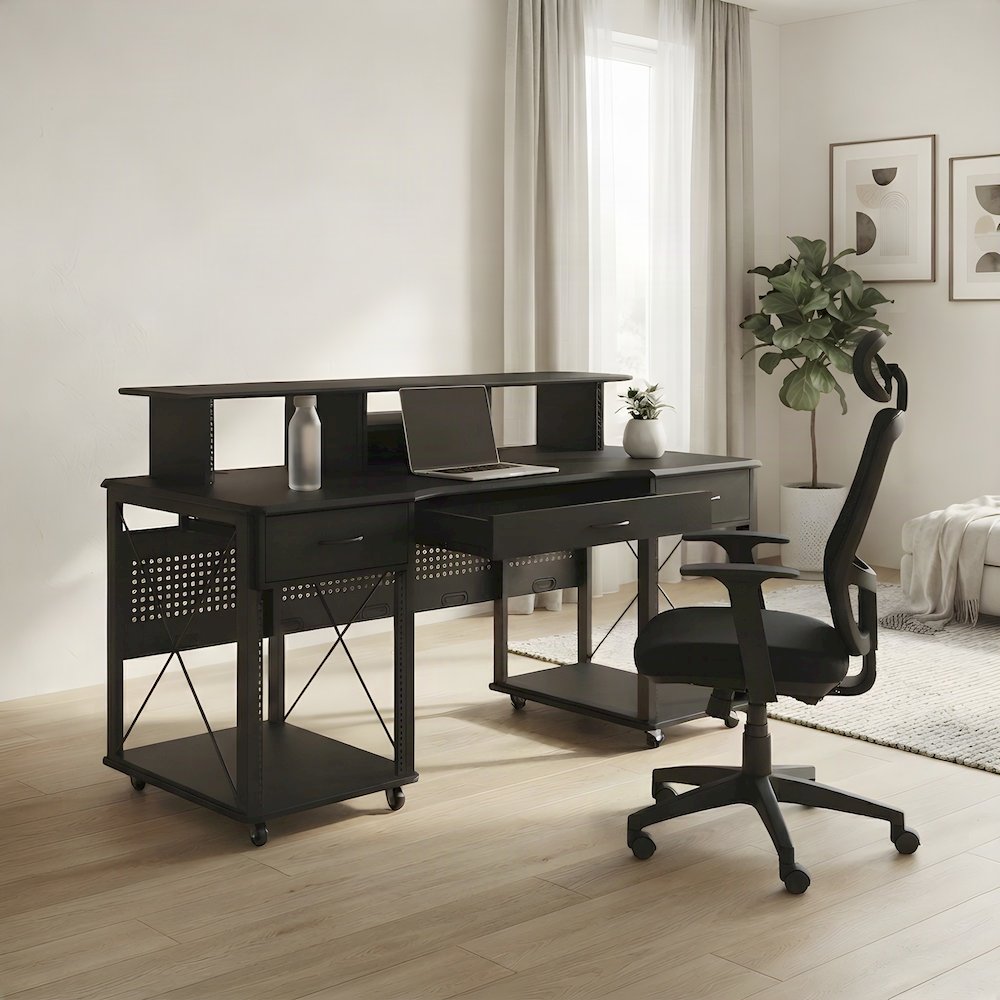 Metal and Wood Veneer Music Studio Desk, Industrial Workstation, Black