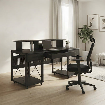 Metal and Wood Veneer Music Studio Desk, Industrial Workstation, Black