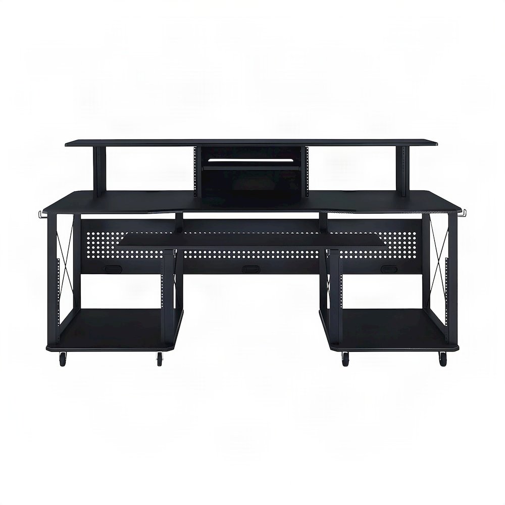 Metal and Wood Veneer Music Studio Desk, Industrial Workstation, Black