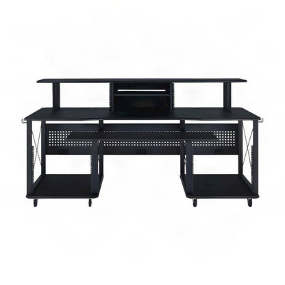 Metal and Wood Veneer Music Studio Desk, Industrial Workstation, Black