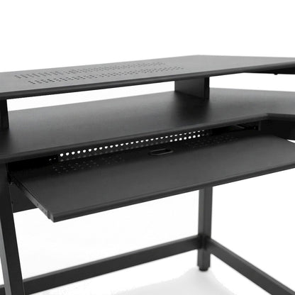 Metal and Wood Veneer Music Studio Desk, Industrial Workstation, Black
