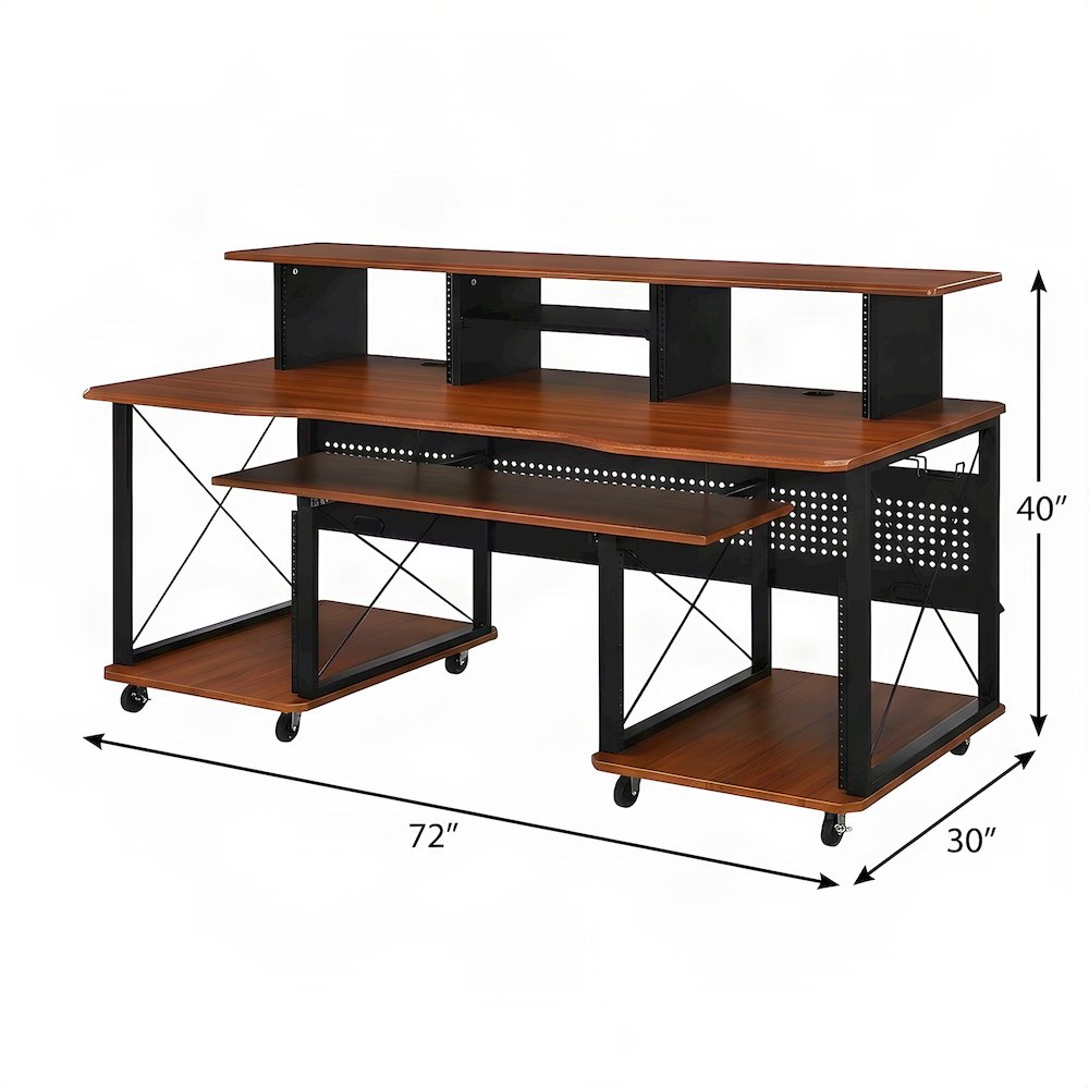 Veneer and Metal Music Workstation Desk with Industrial Frame, Cherry & Black