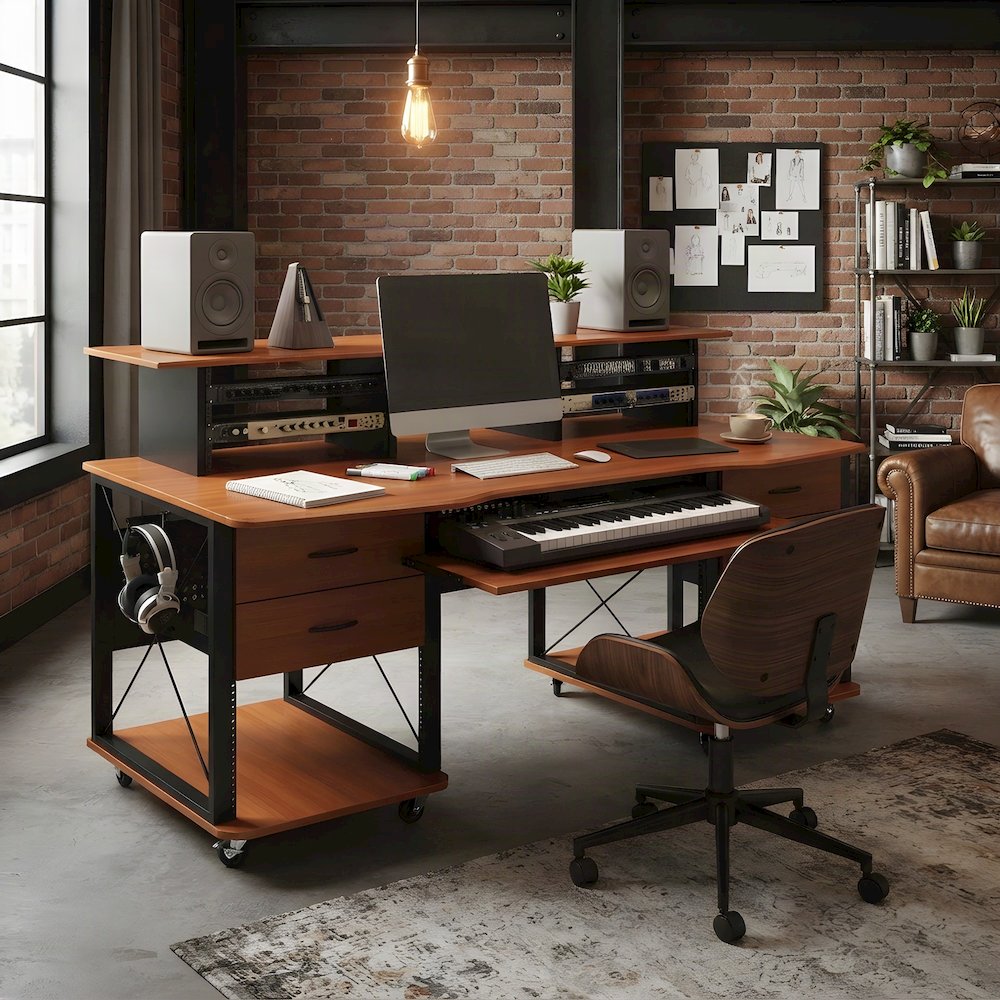 Veneer and Metal Music Workstation Desk with Industrial Frame, Cherry & Black