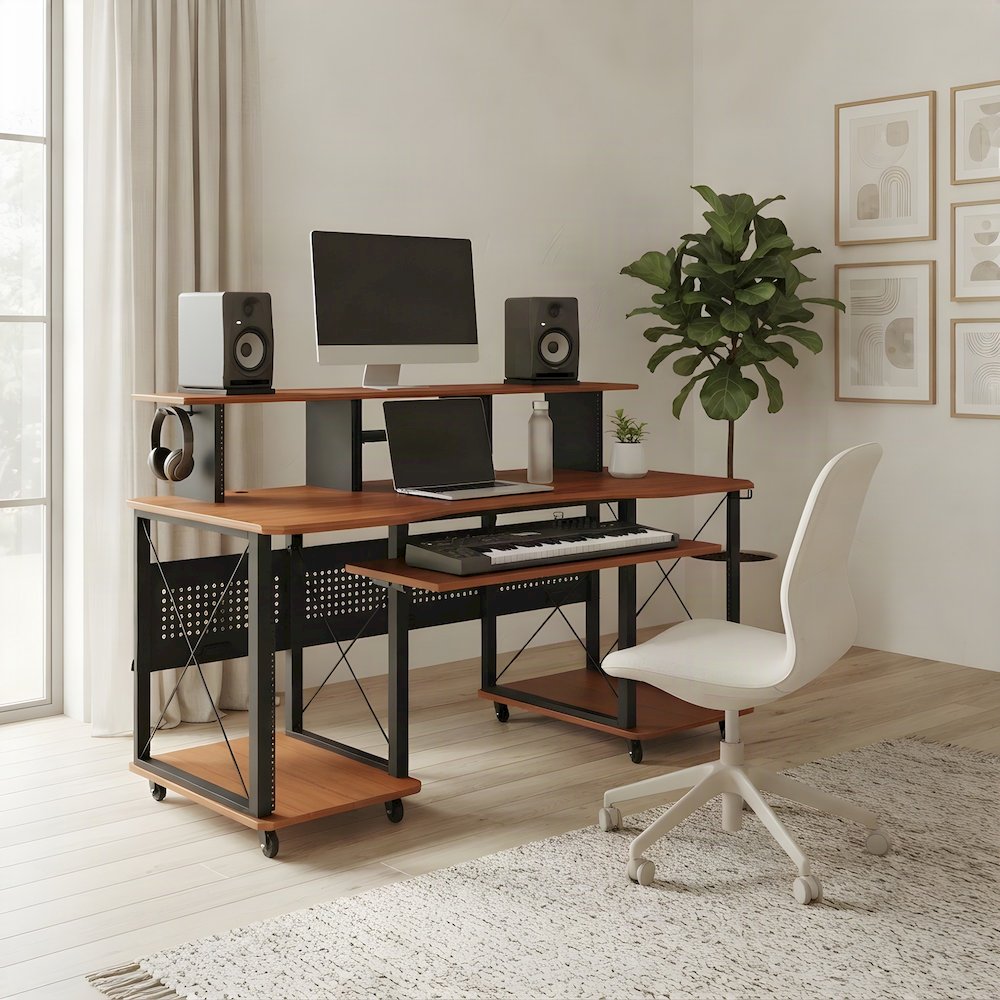 Veneer and Metal Music Workstation Desk with Industrial Frame, Cherry & Black