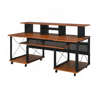 Veneer and Metal Music Workstation Desk with Industrial Frame, Cherry & Black
