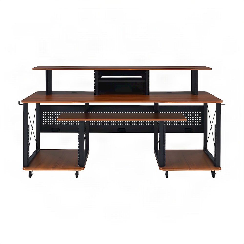 Veneer and Metal Music Workstation Desk with Industrial Frame, Cherry & Black