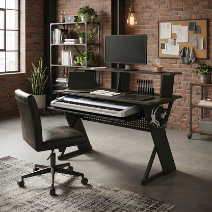 Metal and Veneer Music Studio Desk, Industrial-Style Workstation, Black