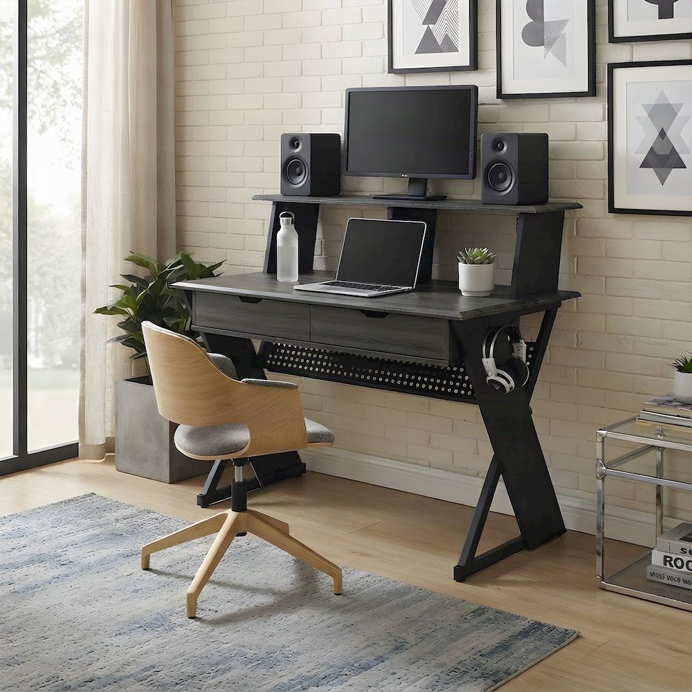 Metal and Veneer Music Studio Desk, Industrial-Style Workstation, Black