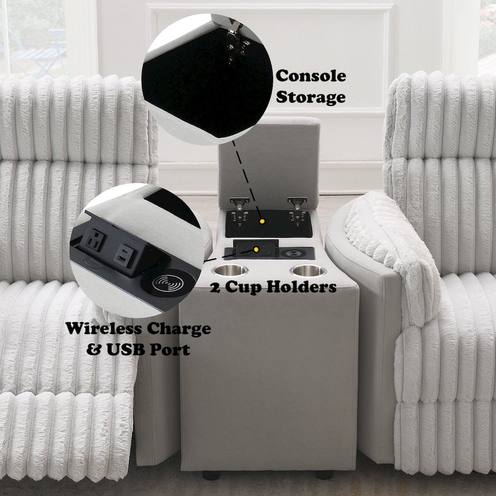 Emee Console w/USB Port , Cup Holder & Wireless Charge Gray Corduroy