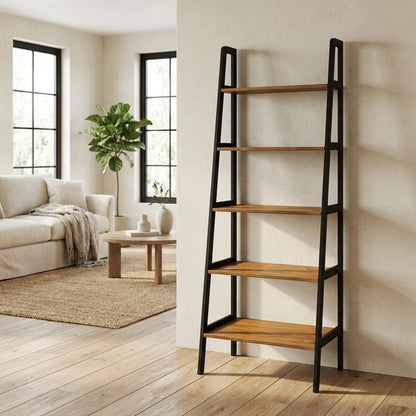 Rustic Brown and Black 5-Shelf Ladder Bookcase with Sturdy Frame