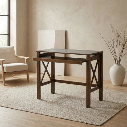 Wooden Folding Desk with Pull-Out in Warm Brown for Compact Workspace